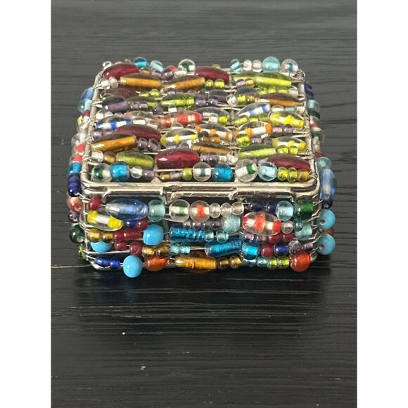Handcrafted Glass Beaded Trinket Box Multicolored Glass Beads Hinged Lid BOHO - Picture 4 of 9